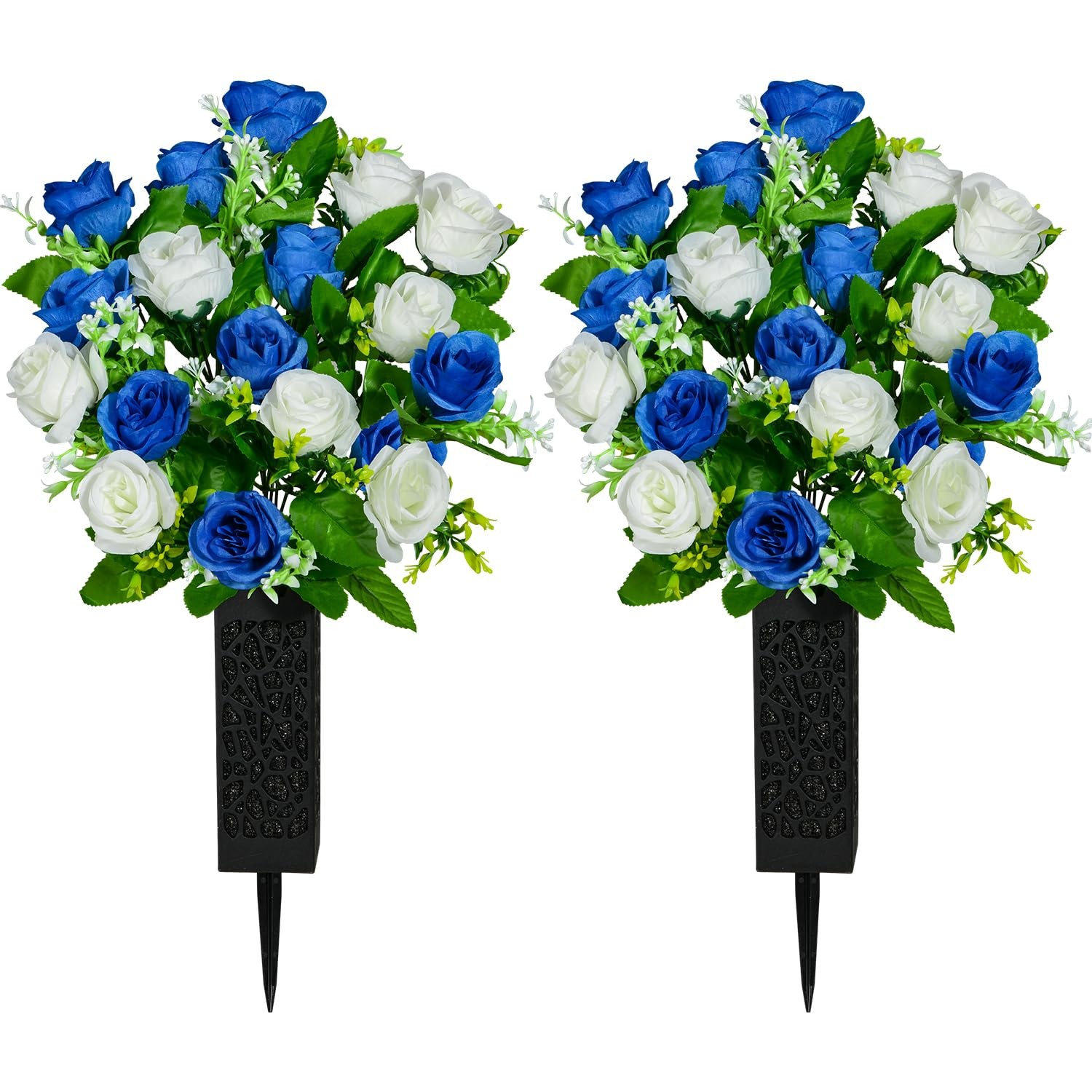 2 PCS Cemetery Grave Memorial Flowers Dark Blue White Rose Bouquet With Vase