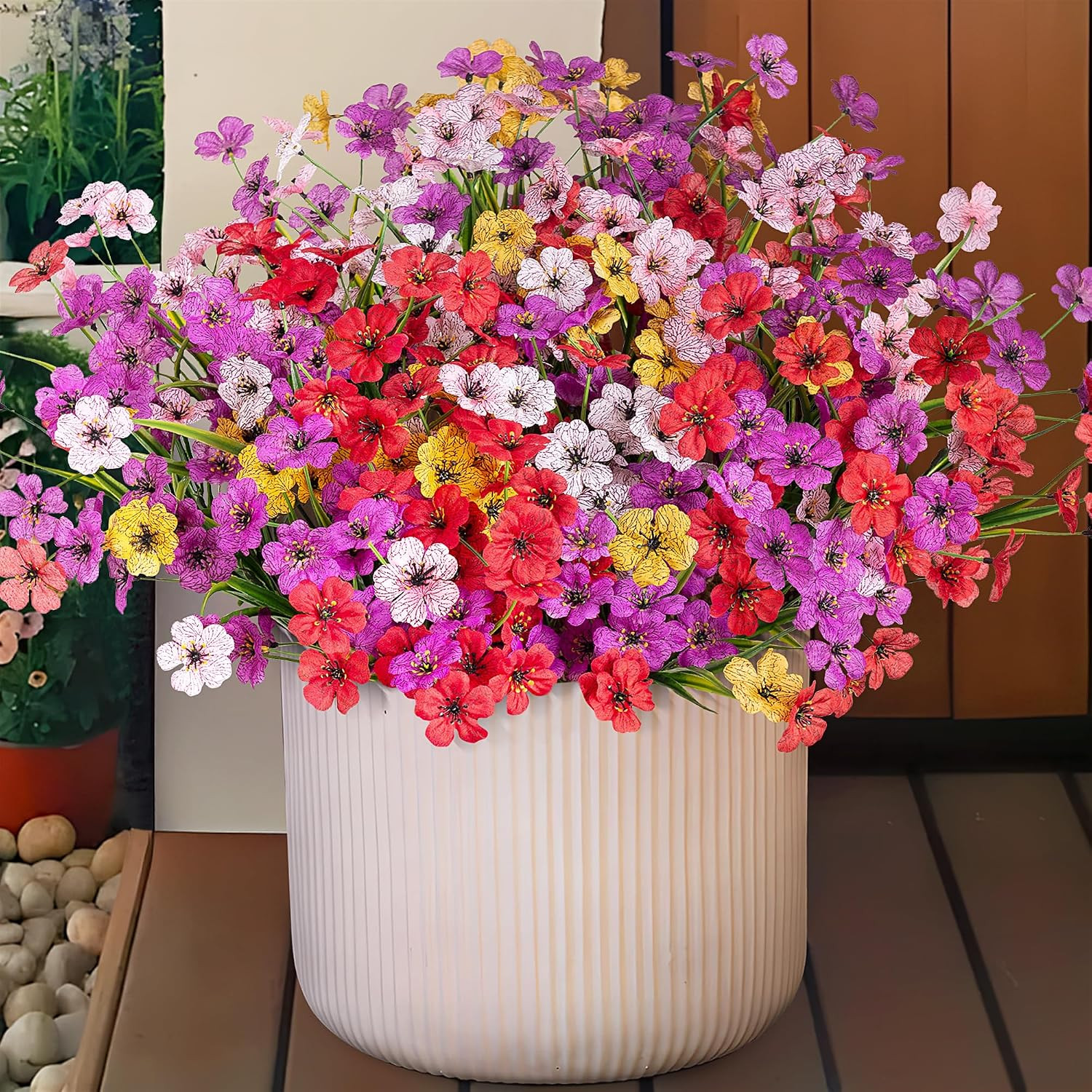 Ammyoo Artificial Flowers for Outdoors Potted Spring Decor, 12 Bundles Fake Summ