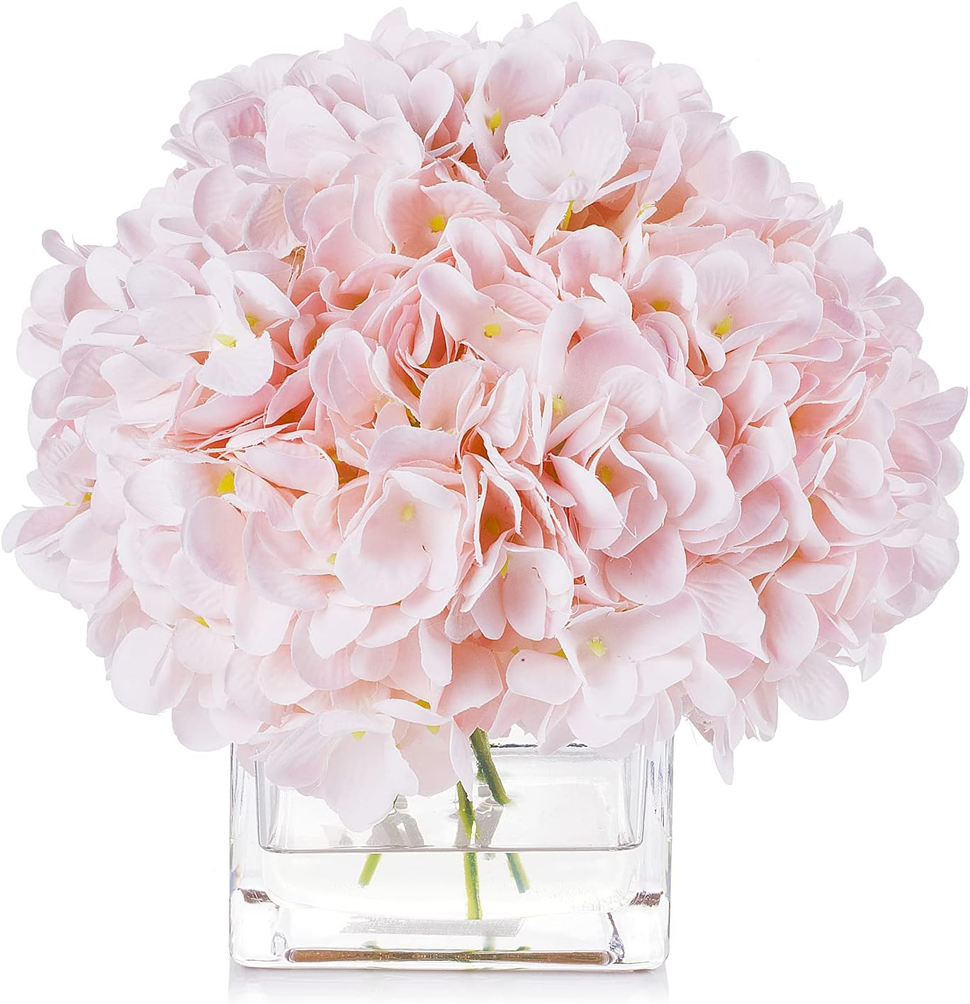 Pink Silk Hydrangea Arrangement in Cube Glass Vase with Faux Water