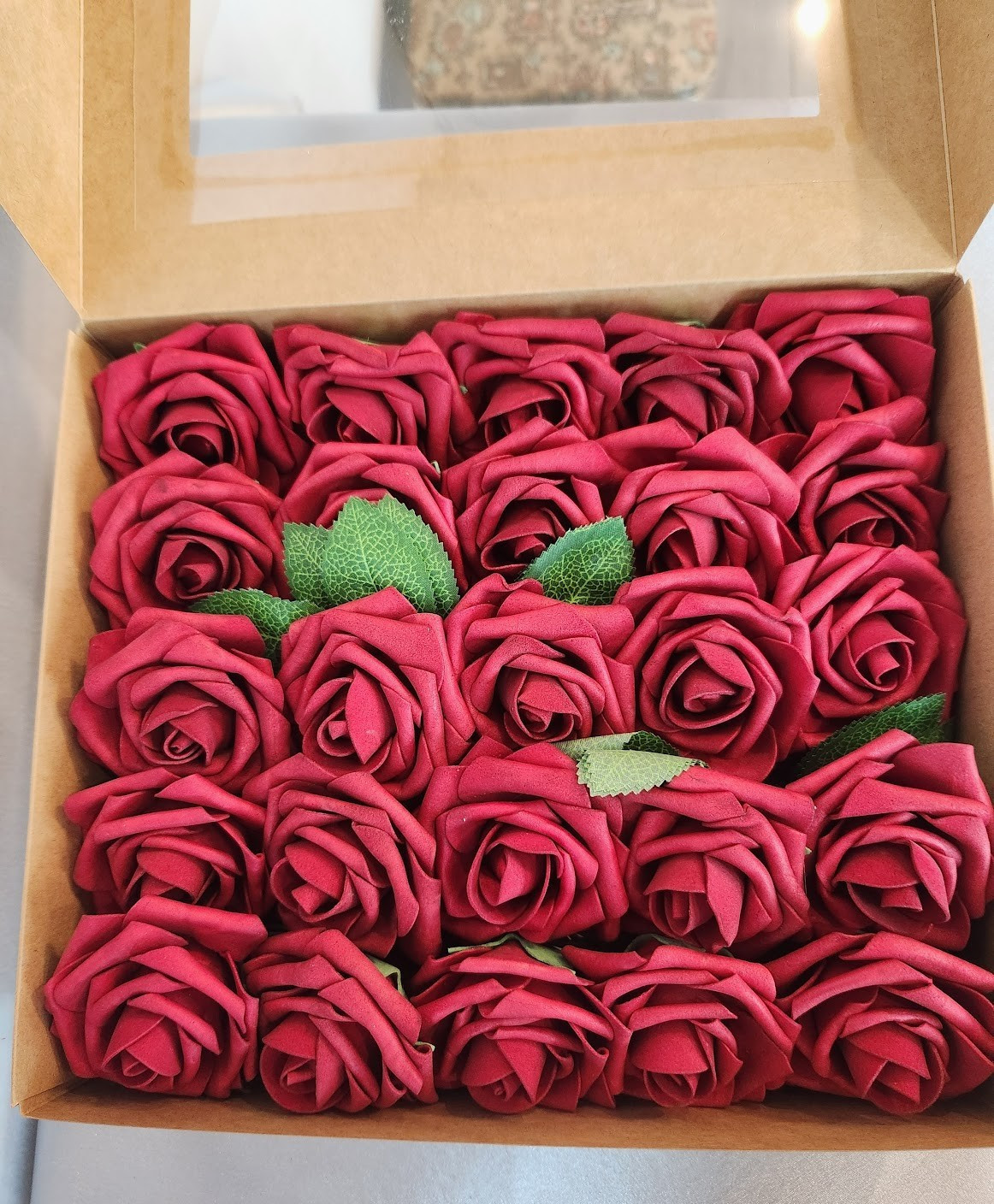 50pcs Artificial Flowers Foam Roses with Stems and 6 leaf pieces NEW