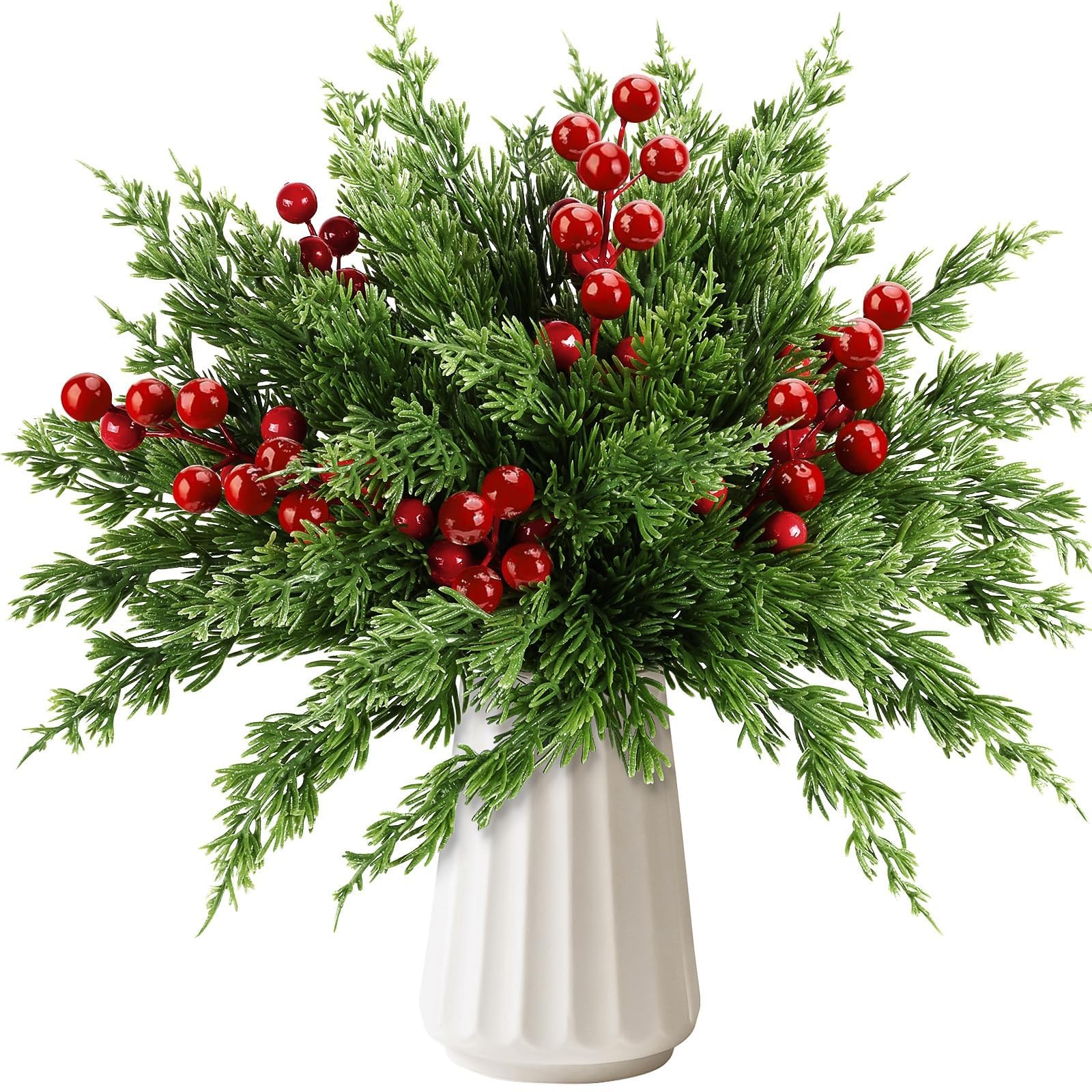 45 PCS Artificial Norfolk Pine Stems with Red Berries Decor, Christmas Greene…
