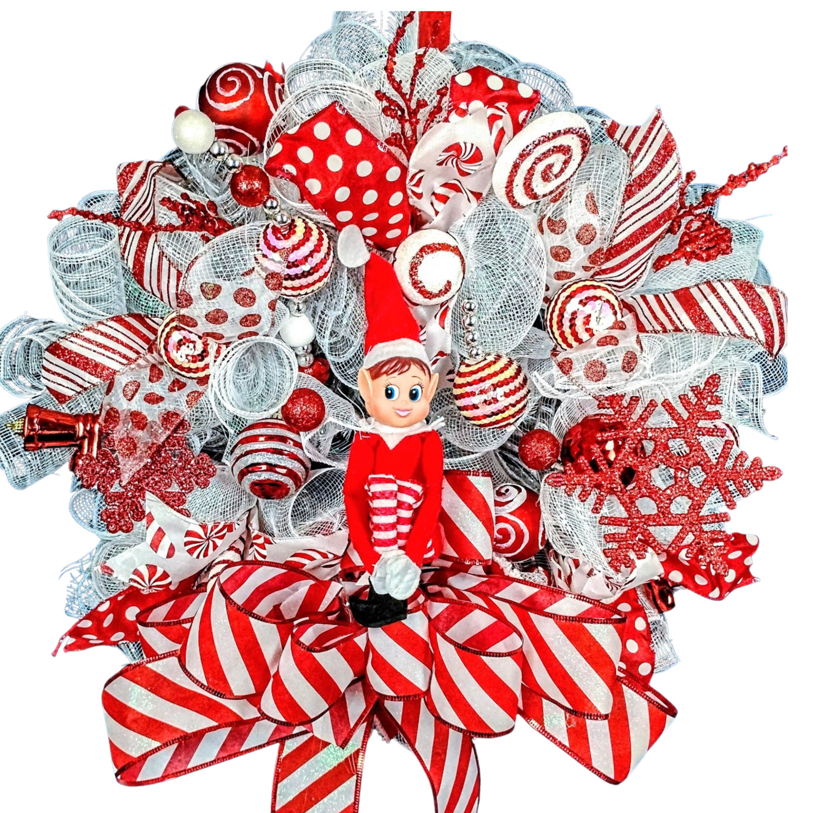 Christmas Elf Front Door Wreath Large 24″ Handmade Deco Mesh Holiday Decoration