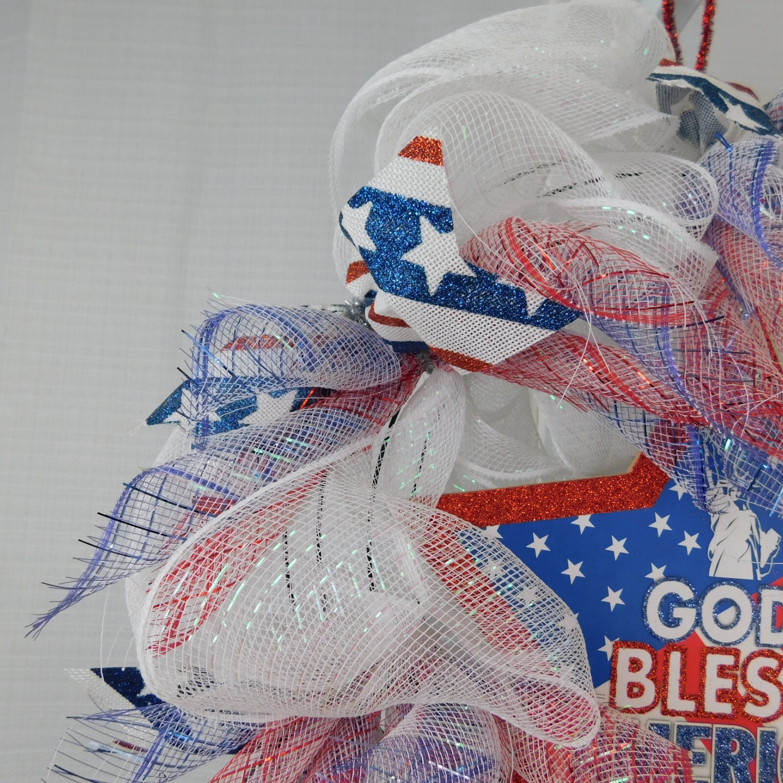 Handmade Mesh Wreath Patriotic God Bless America Glitter Star July 4th #C316