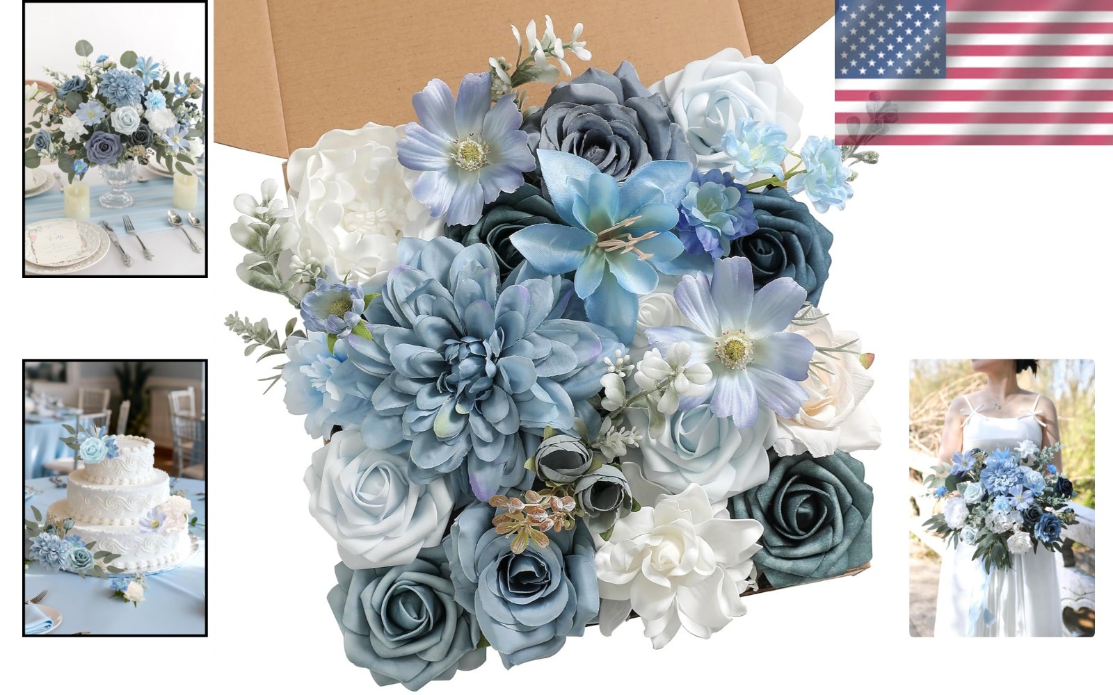 DIY Floral Arrangement Set with Blue Silk Flowers and Green Leaves for Parties
