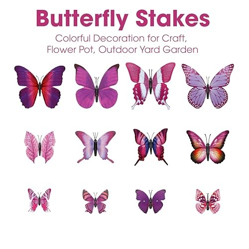 12pcs Purple Butterfly Plant Stakes 9.7in Tall- Colorful Metal Sticks for