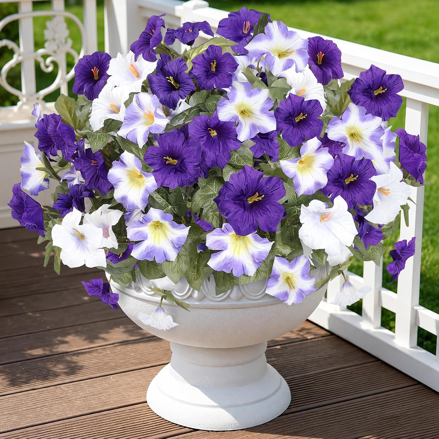 UV Resistant Large Faux Petunias – 8 Bundles for Outdoor Decor (Purple-White)