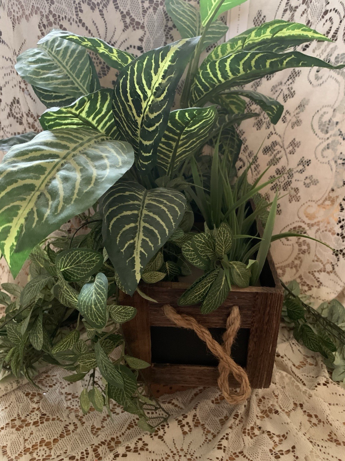 Rectangular Wood Rustic Planter Box Faux Green Plant Arrangement For Table 10″L