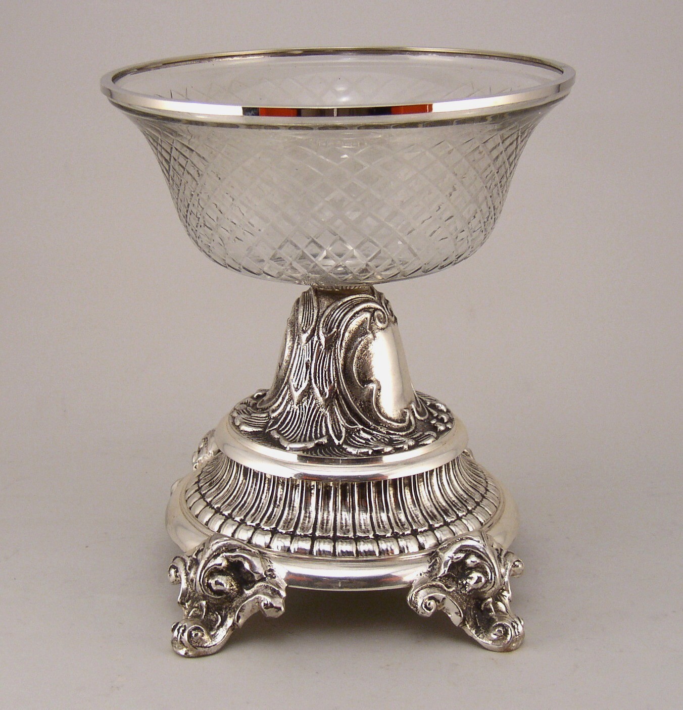 Compote Bowl Vase Silver Plated BRASS Embossed Base Cut Glass Bowl 10.5″D 12.5″H