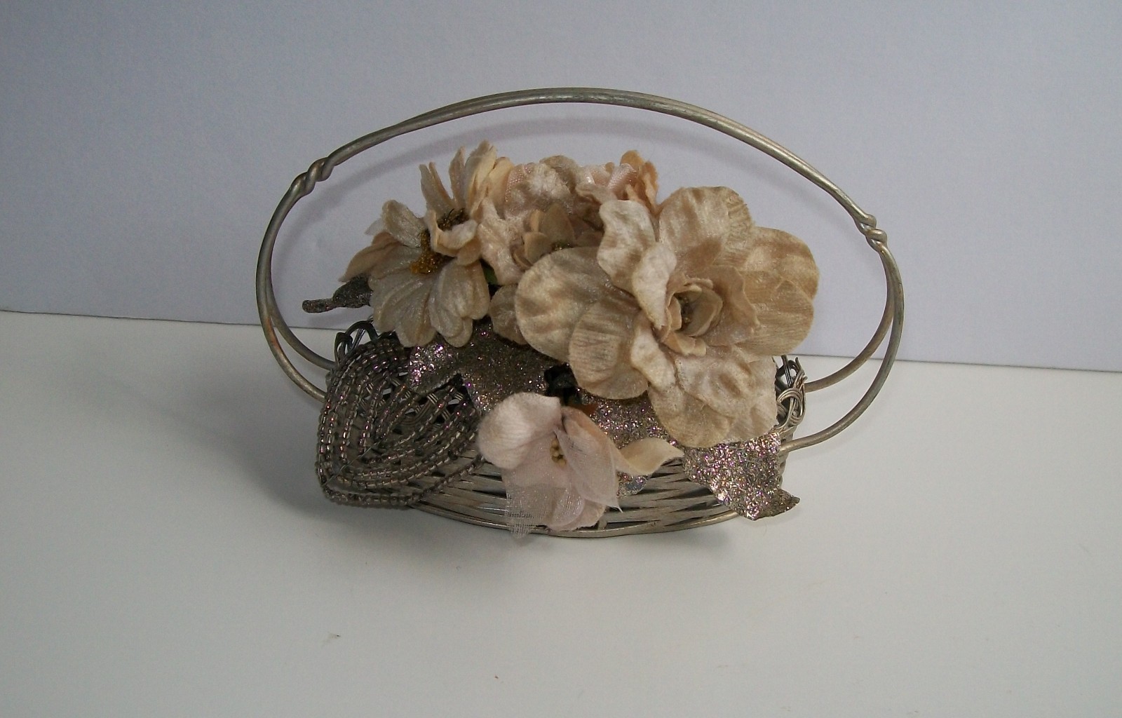 Silver Metal Flower Basket with Beaded Leaves & Velvet Flowers