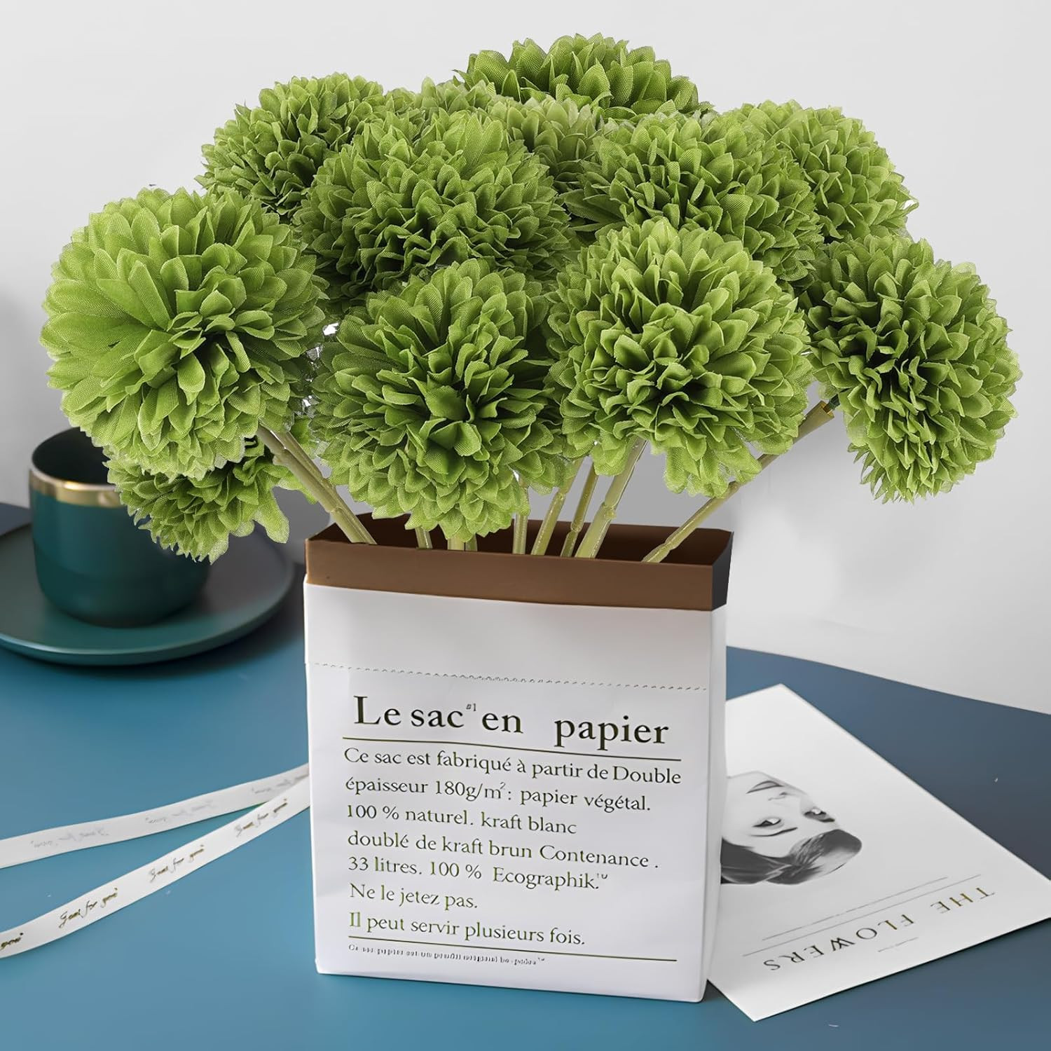 12 Pcs Artificial Chrysanthemums Flowers Green Flowers Silk Fake Mums Flowers fo