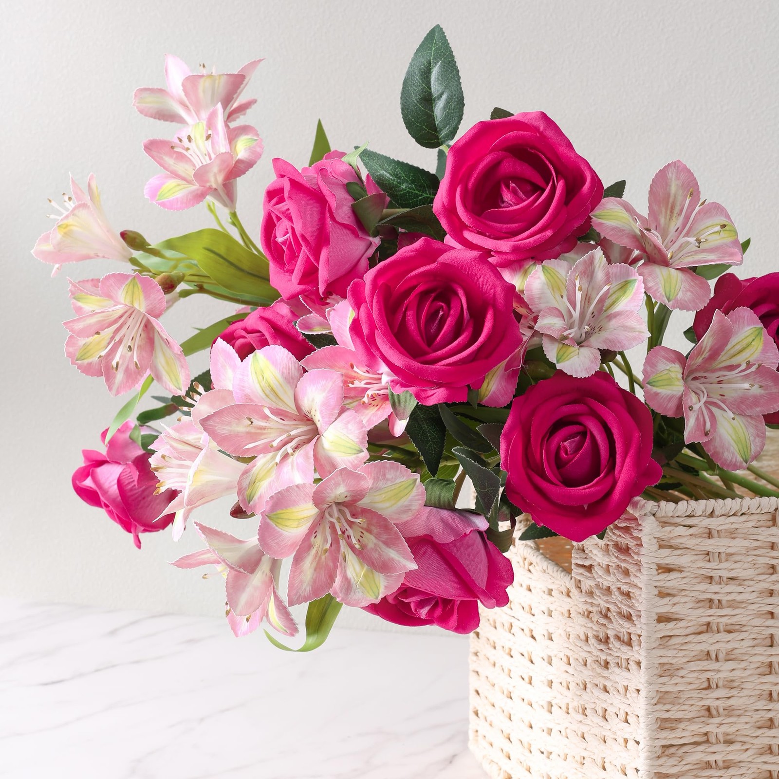 14 Pcs Artificial Flowers Red Roses Lilies Silk Bouquet Home Wedding Decor