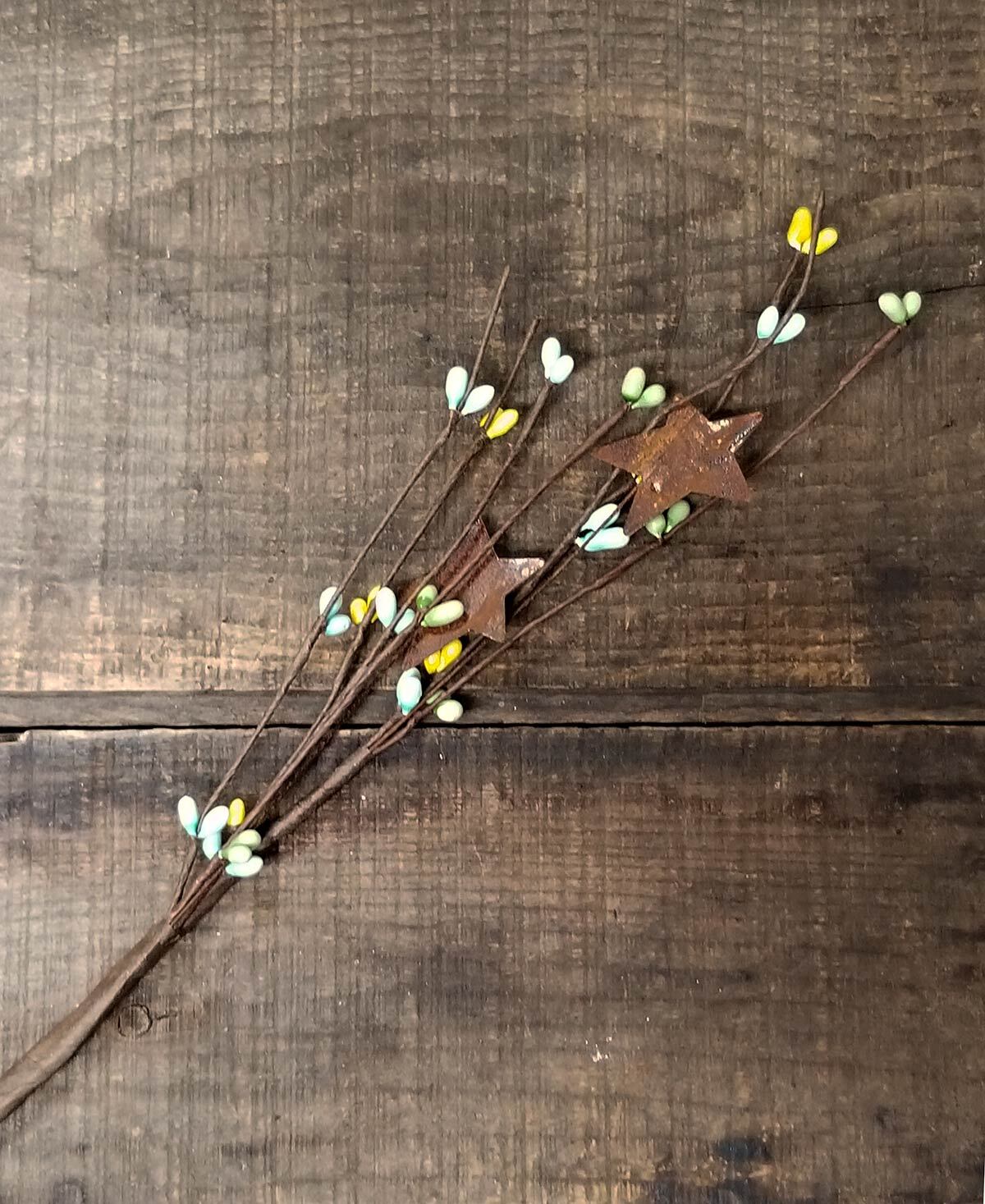 Pip Berry Picks Set/3 Yellow Green Blue with Rusty Stars Primitive Floral Decor