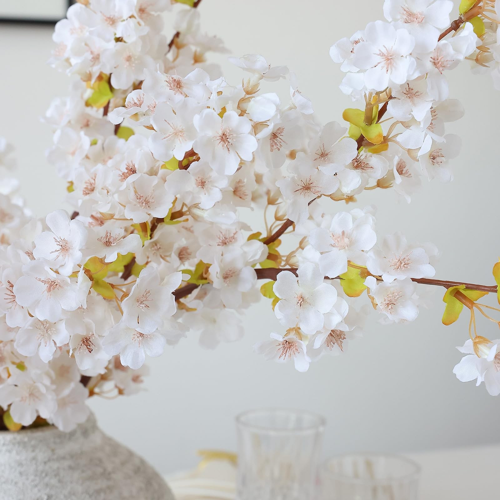 mizii 3Pcs Artificial White Cherry Blossom Branches 40″ Fake Silk Cherry Blos…