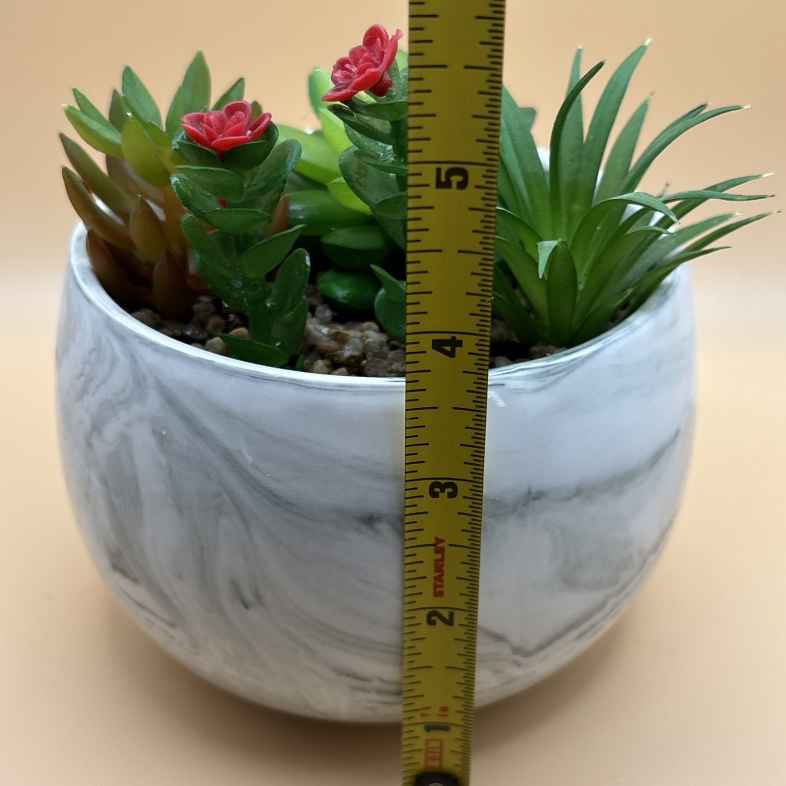 Faux Succulents In Heavy Pot White & Gray Pot Red Flowers
