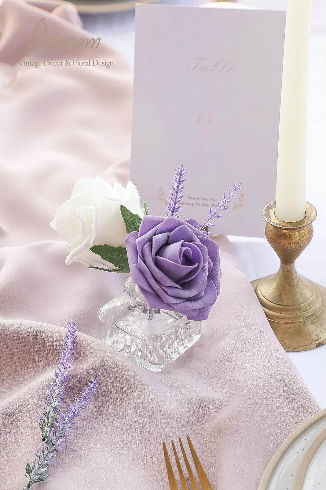 Artificial Purple Lavender, 4 Bushes Flocked Fake Lilac Flower for Wedding Bo…