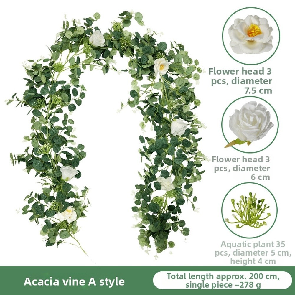 Artificial Acacia Vine 2M with White Faux Roses and Leaves for Weddings
