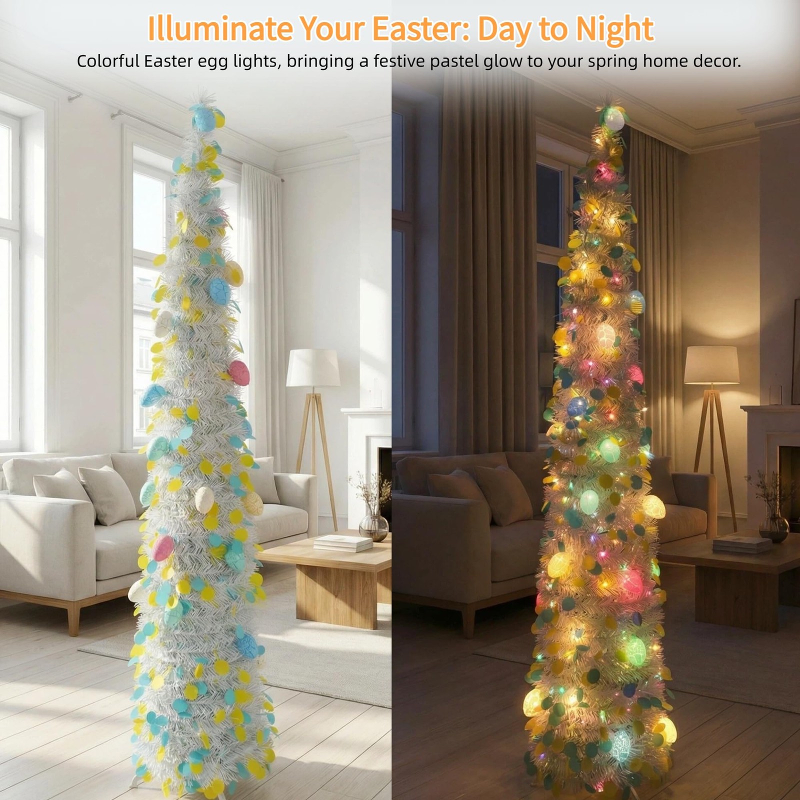 5Ft Lighted Easter Egg Tree 40 LED Colored Lights 20 Eggs Pop Up Tinsel