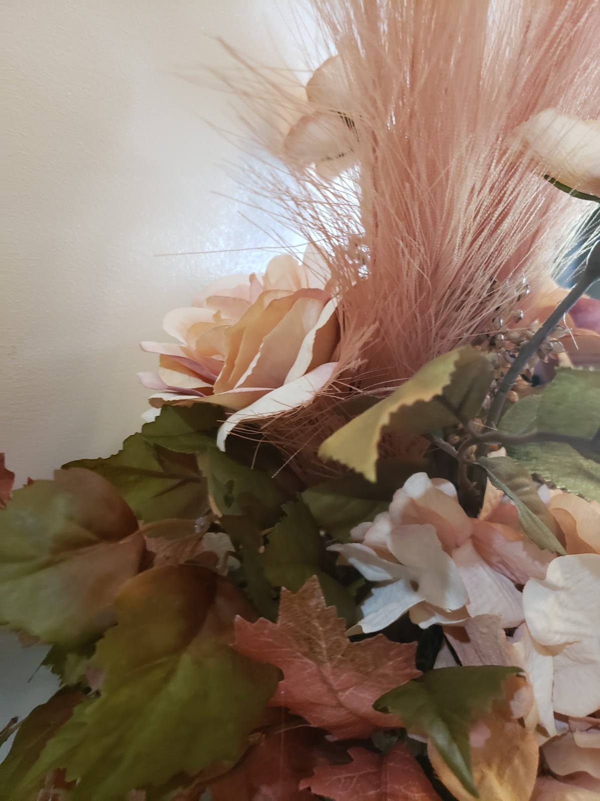 Pink Dried Look Hydrangea Centerpiece, Pampas Grass, Cream Pumpkins
