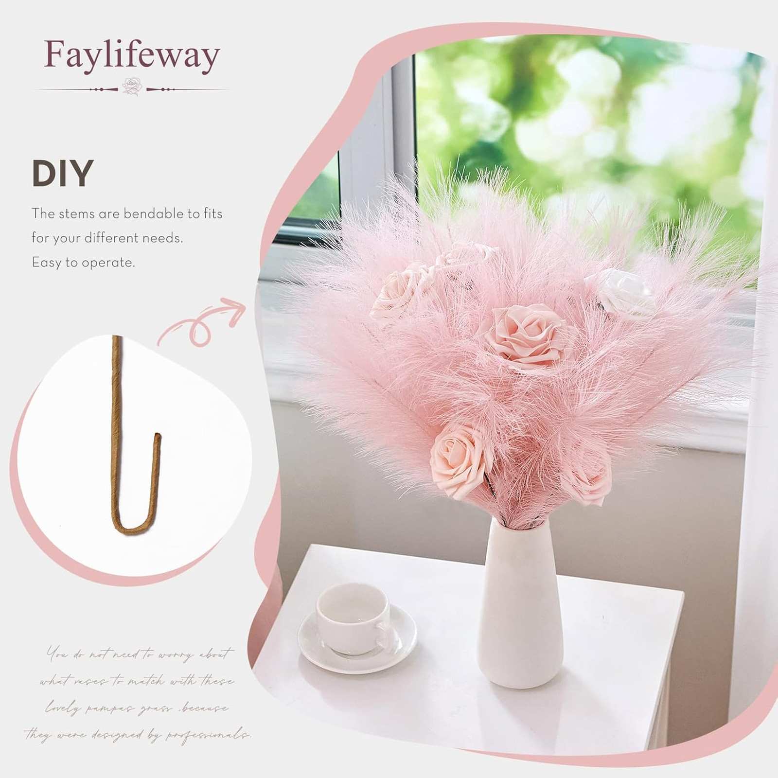 50 Pcs Artificial Pampas Grass Stems Pink Fluffy Decor for Living Room Wedding