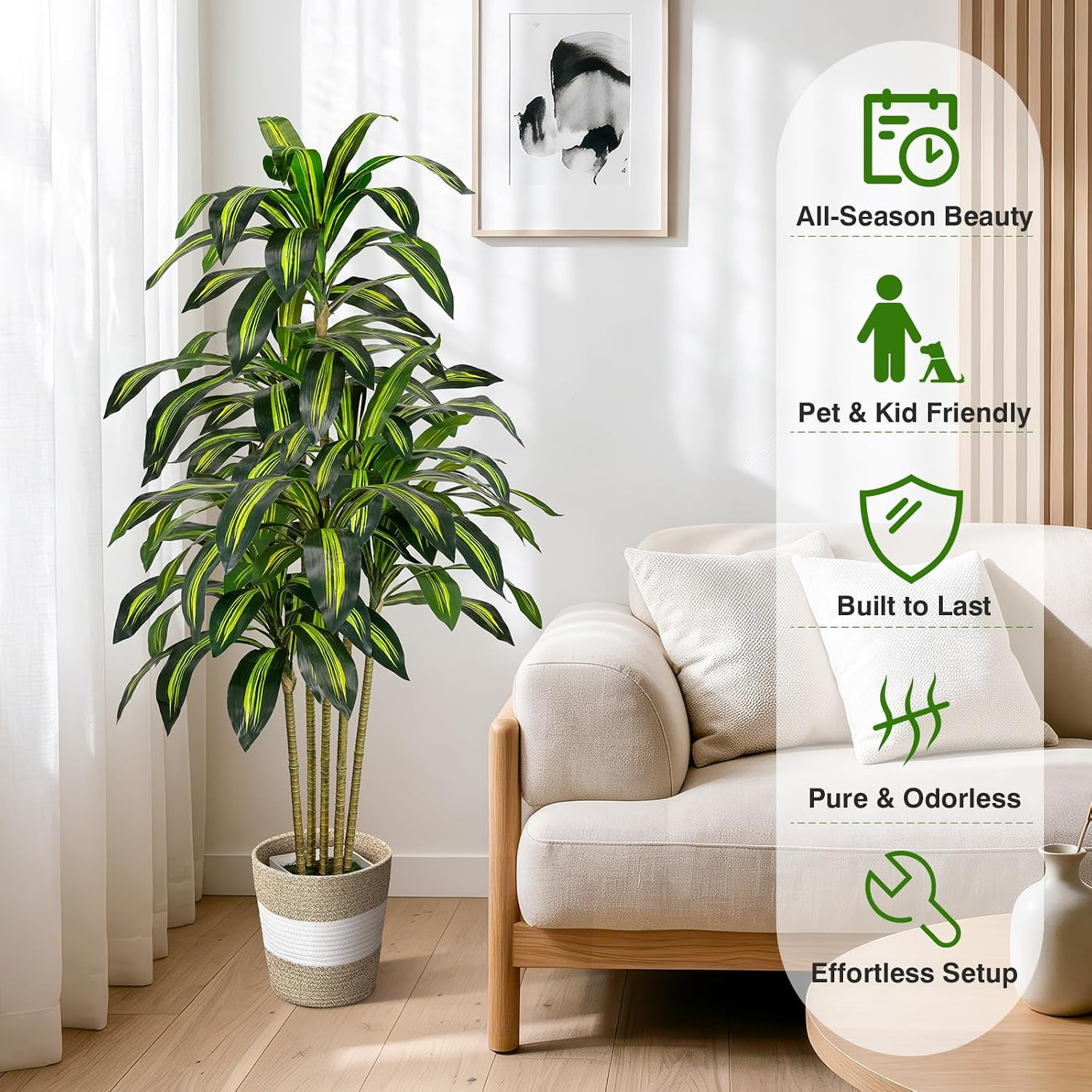 5FT Artificial Dracaena Tree – Tall Faux Dracaena with White Planter, Artificial