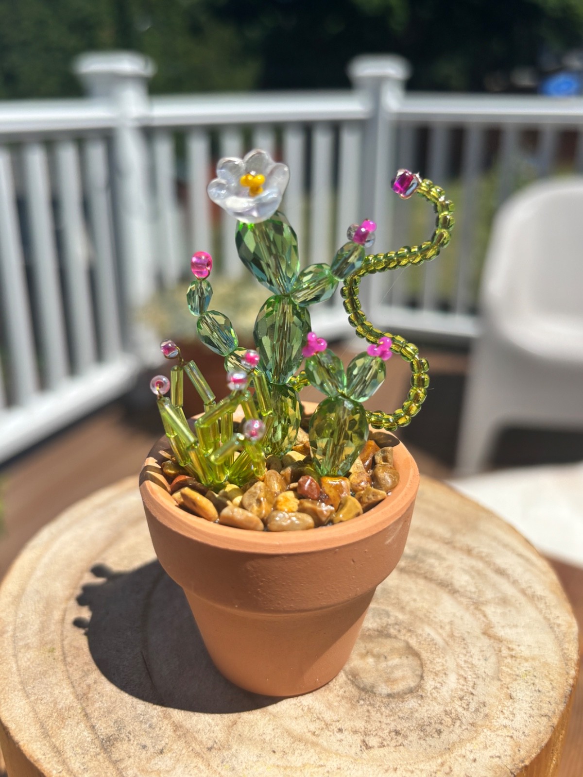 Handmade Tiny Forever Cactus glass beads pink blooms in terracotta pot
