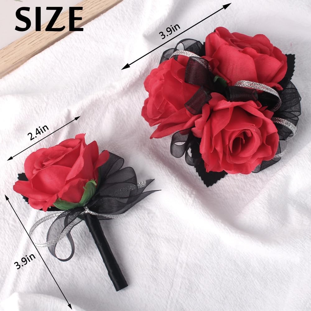 2 PCS Red Rose Wrist Corsage Wristlet Men Boutonniere Set Wedding Prom Flower