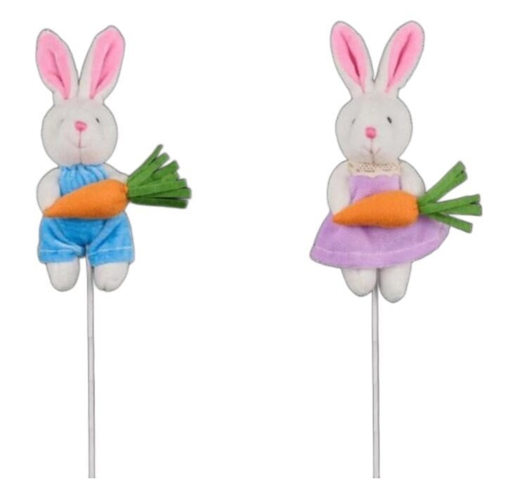 Velvet Bunny Rabbit W/ Carrot Plush Picks Easter Decor Holiday Supplies Set of 2