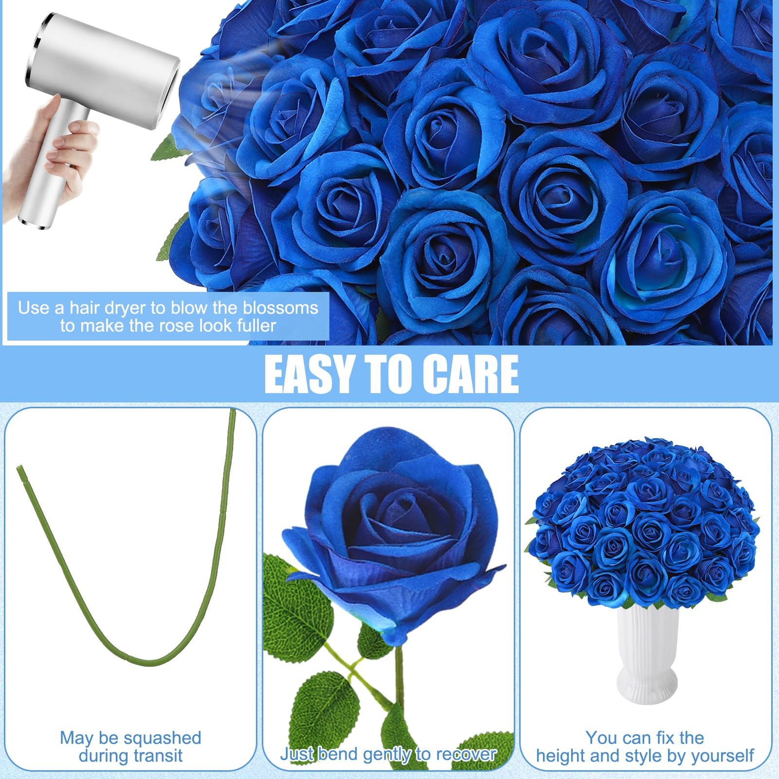 36 Pcs Velvet Texture Royal Blue Artificial Flowers Bridal Bouquet