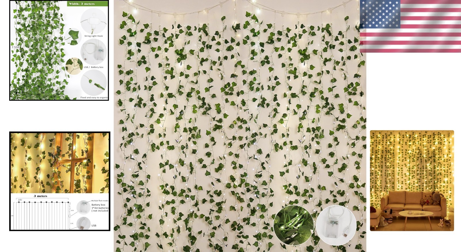 10 Hooks LED Light String Garland: 118-Inch Artificial Ivy for Party & Home