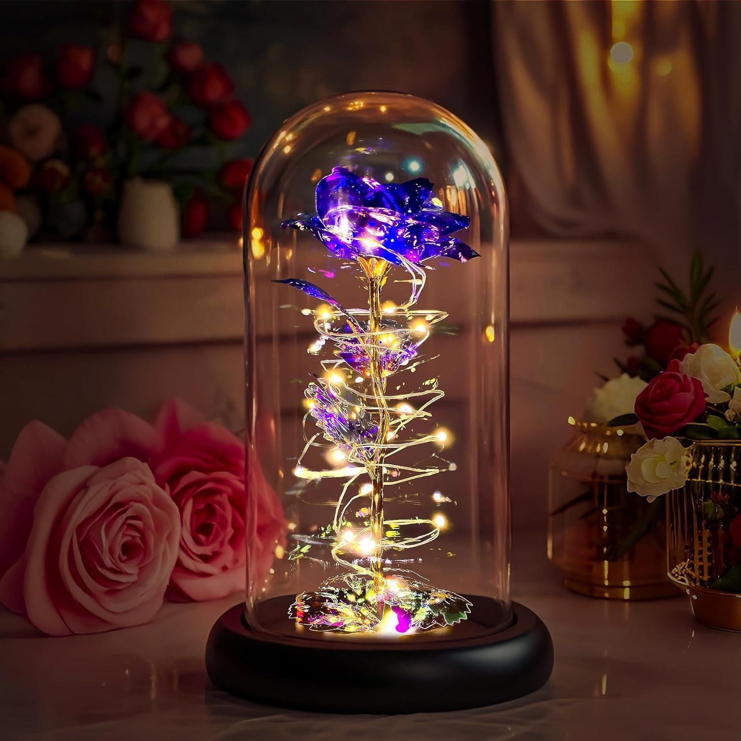 LED Purple Rose Glass Dome Gift for Her Birthday Anniversary Decor Light