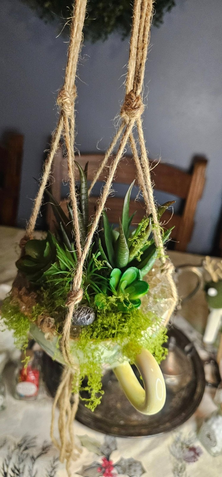 OOAK Upcycled DIY Succulent Tea Cup Fake Artificial Plant Decor Rose Quartz