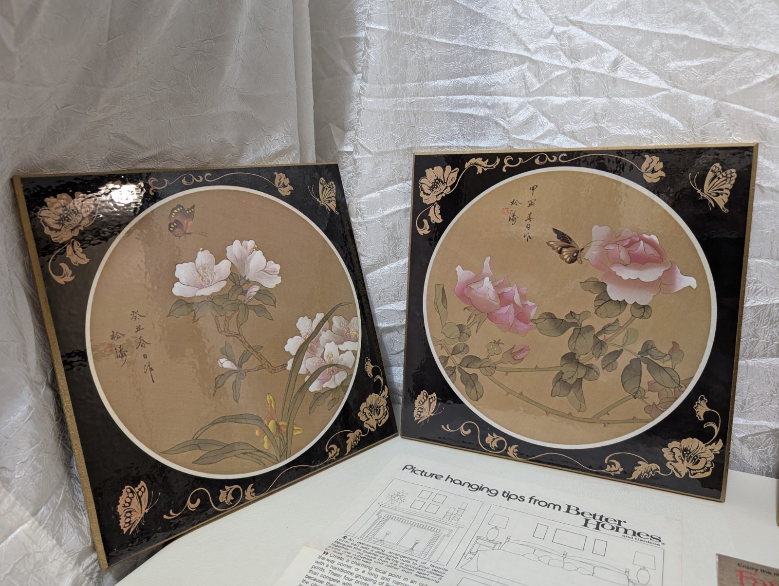 NIB Set of 4 Chinoiserie Asian Cork Wall Art Butterflies & Botanical design