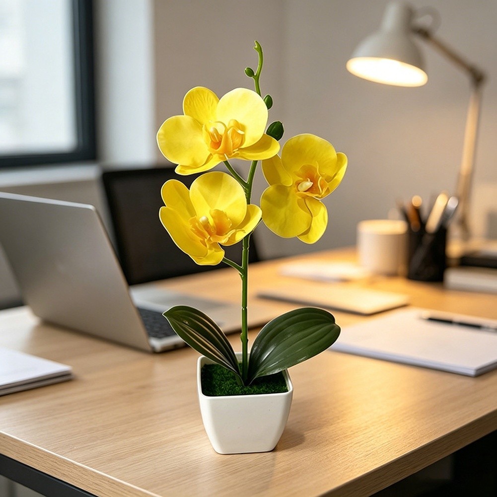 Artificial Phalaenopsis Orchid in White Square Pot for Home Office Decor