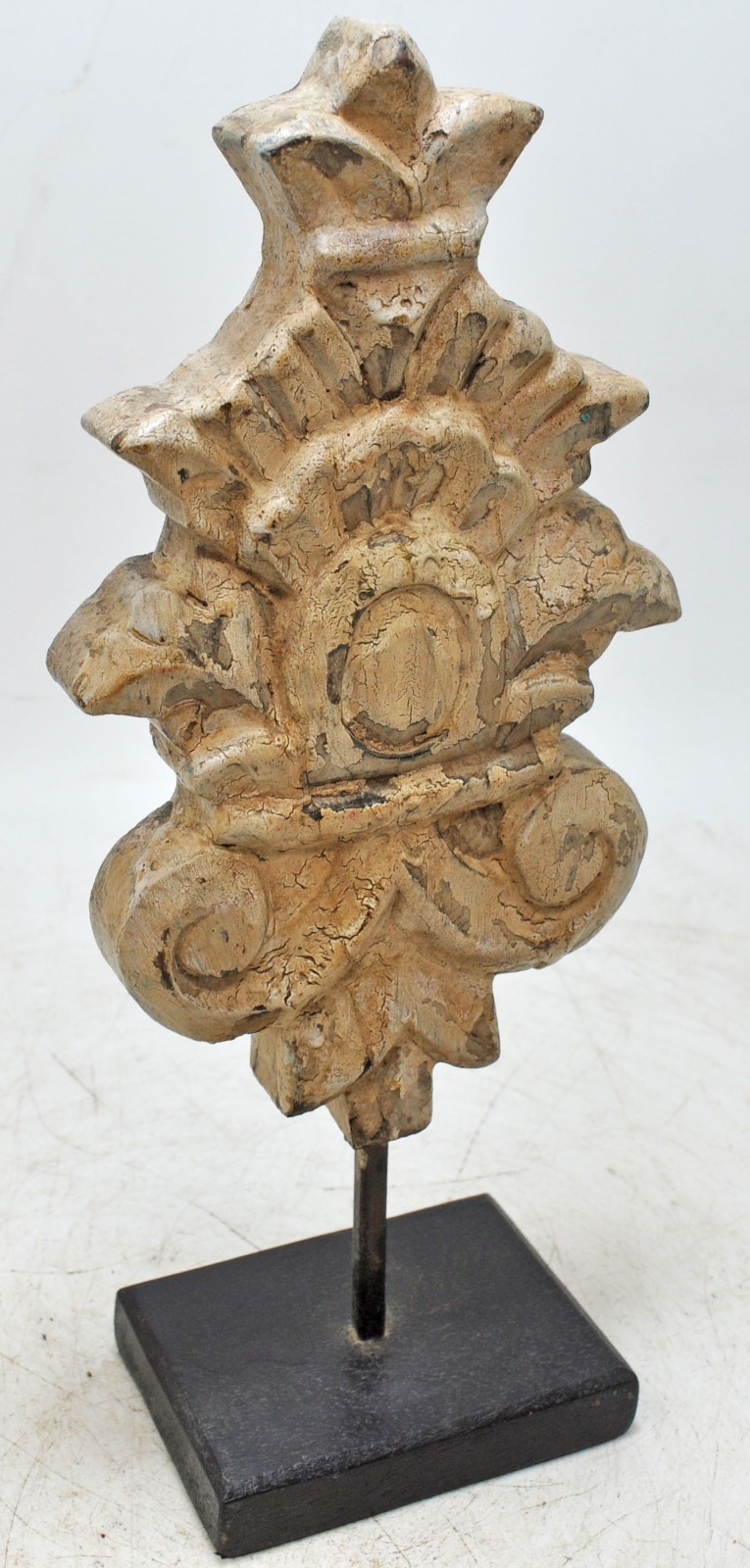 Hand Carved Wooden Flower Carving Panel Plaque on Stand Rustic White Painted