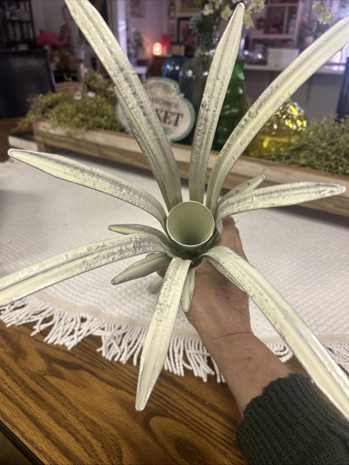 Vintage French Bouquet Holder Aged White Metal Displayer For Floral Cottage New