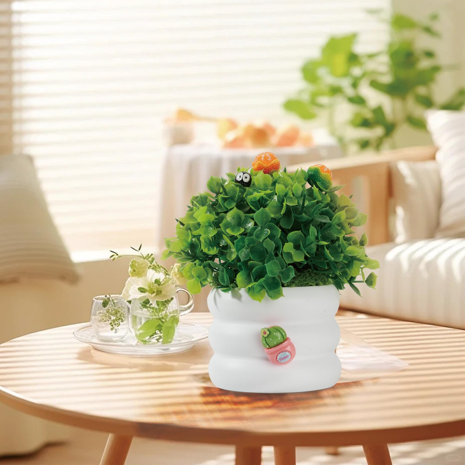 Mini Potted Fake 3 inches (D) x 2 (W) x 3 (H), White+green