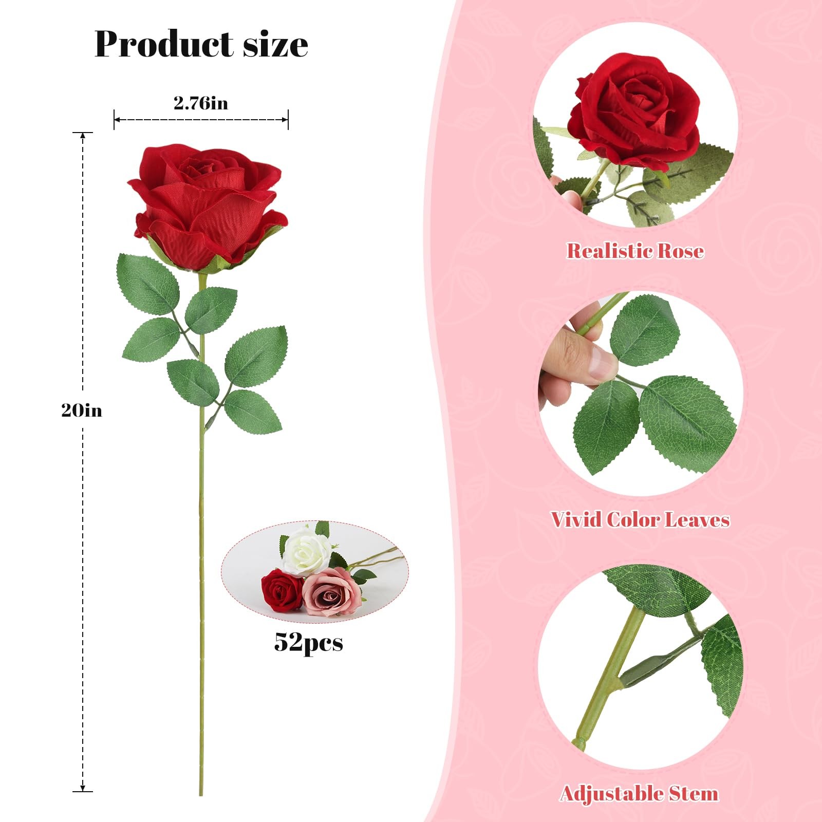Artificial Roses Bulk White Rosy Silk Rose with Stem, 52pcs Fake Flowers Deco…