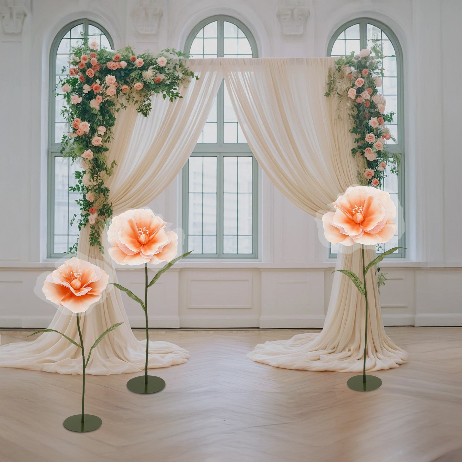 3pcs Artificial Flowers Adjustable Wedding Flowers Background Decor Light Orange
