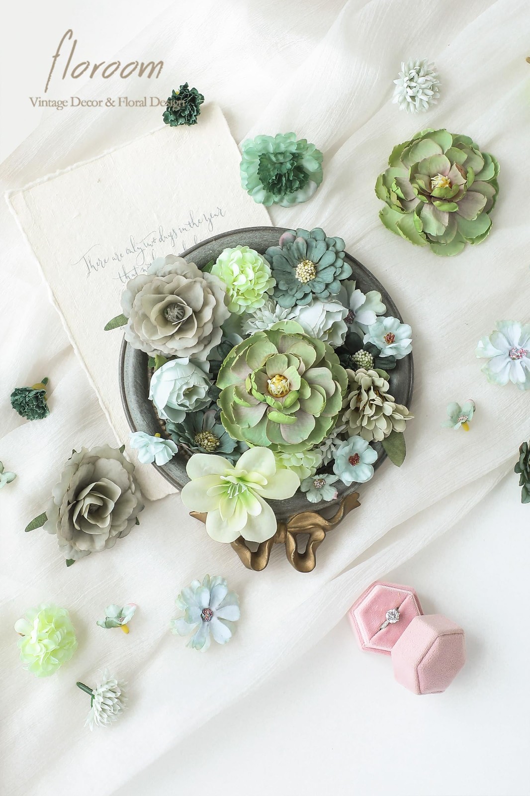 Mini Artificial Flower Heads – Sage & Olive Green Faux Peony Daisy Rose for DIY