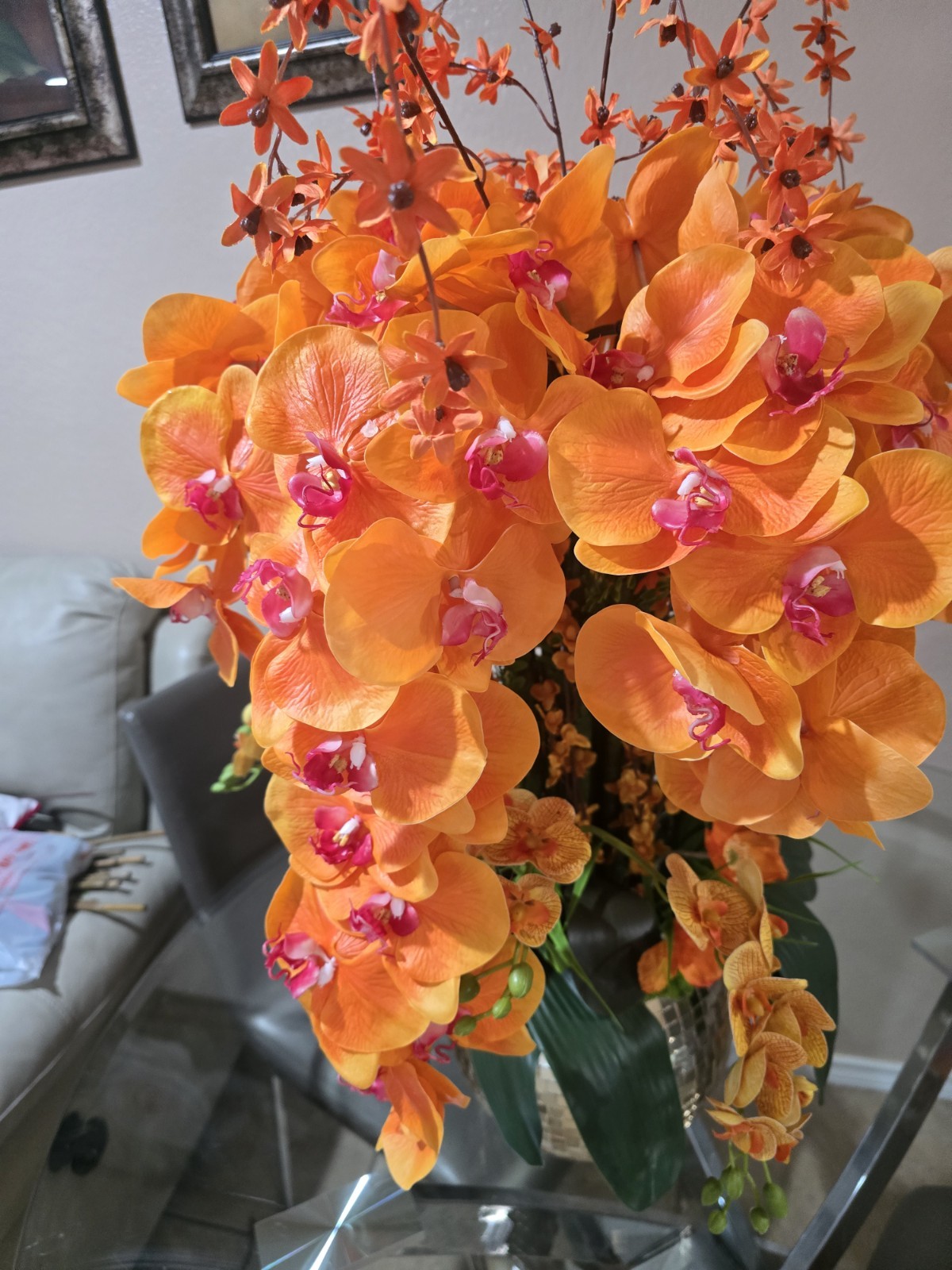 Artificial Orange Orchid Flower Arrangement in Gold Vase Houseplant Plastic Silk