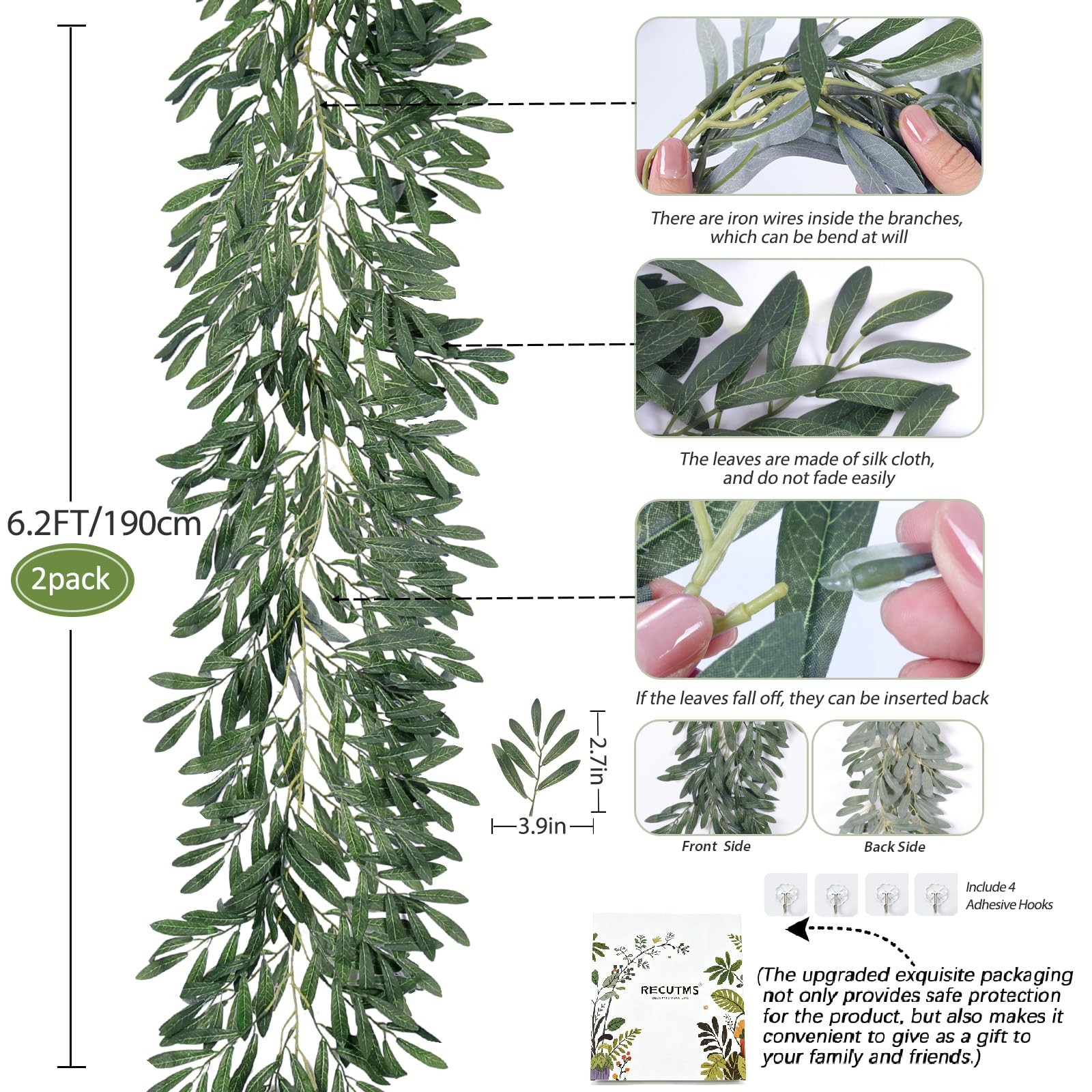RECUTMS 2Pc Artificial Silk Olive Leaves Vines Garland 6.2Ft Green Rattan No