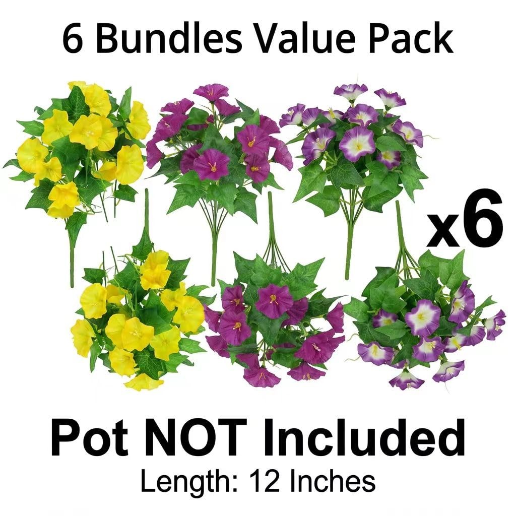 6 Bundles Artificial Morning Glories Mixed Colors (2 Yellow, 2 Purple, 2 Bi-C…