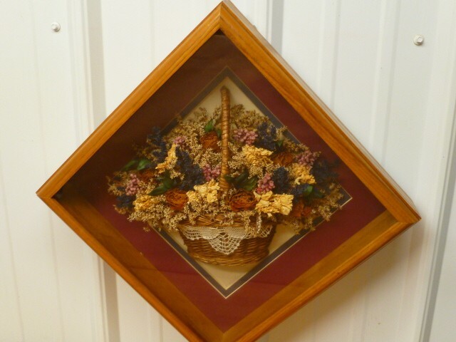 Vintage Hanging Wooden Shadow Box w/ Basket of Dried Flowers Signed Wall Art