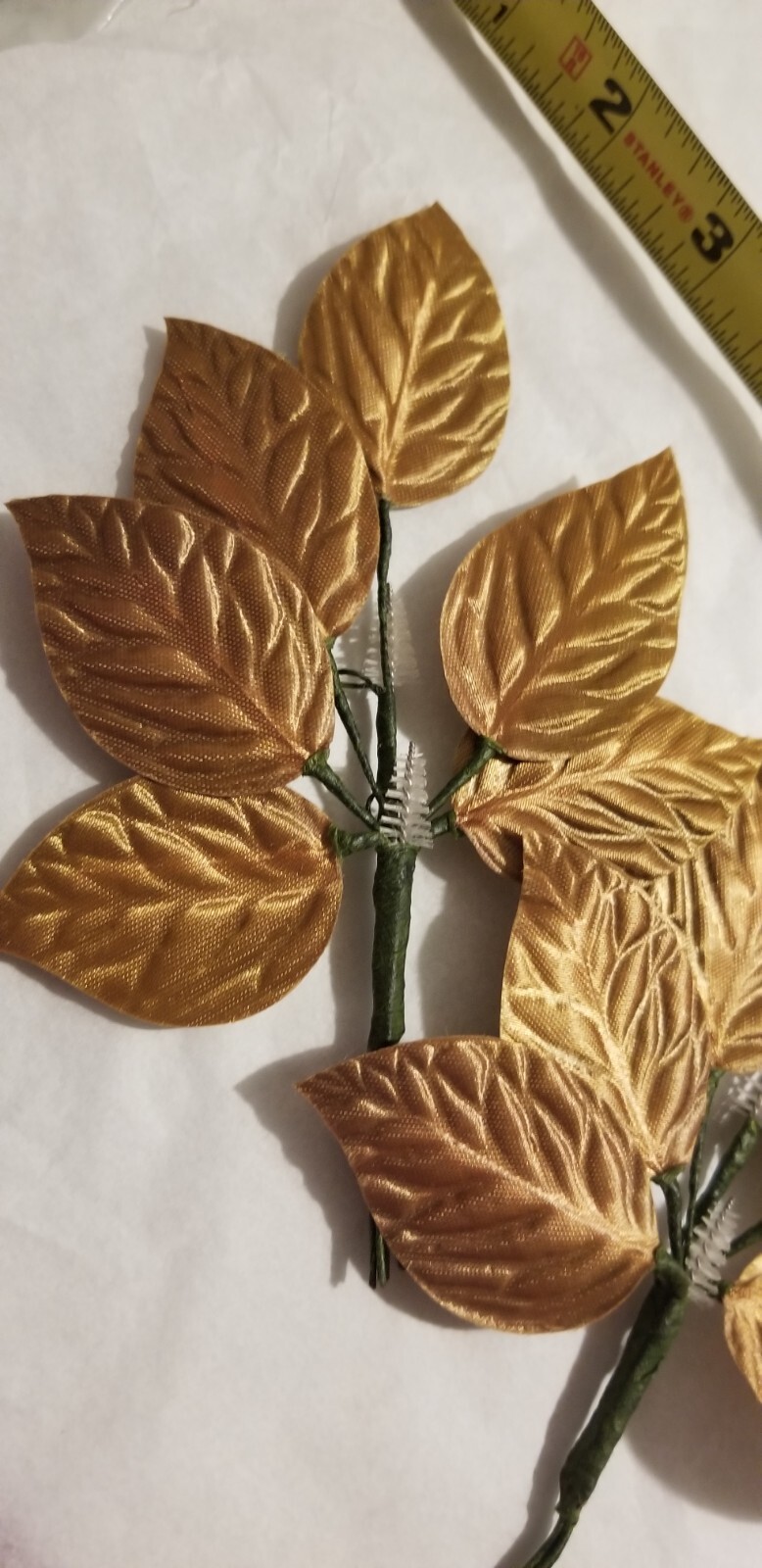 TWO Gold Fabric Rose 2″ Leaf Stems 6 leaf cluster. MY12