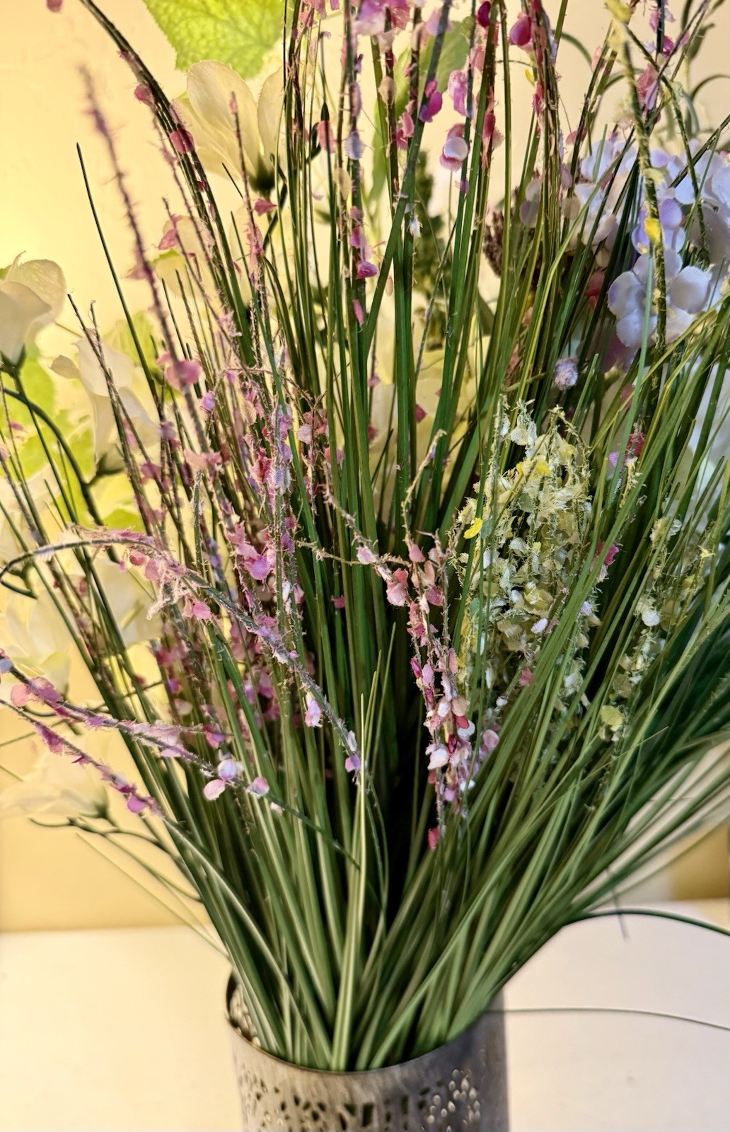 Faux Floral Arrangement White Hydrangea Lavender Metal Cylinder Vase Decor