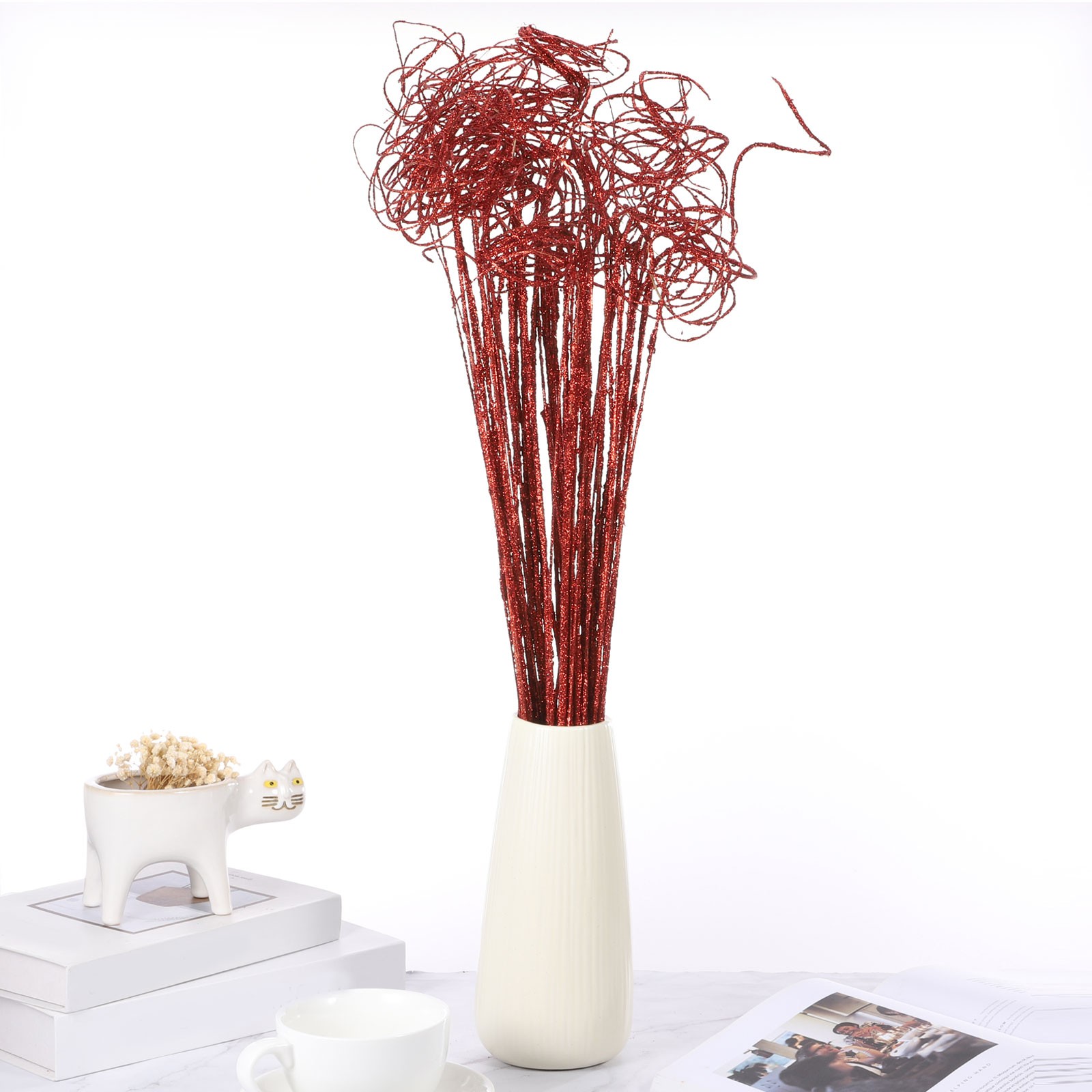 30 Pcs Glitter Dried Curly Willow Branches Natural Branches Twigs, Red