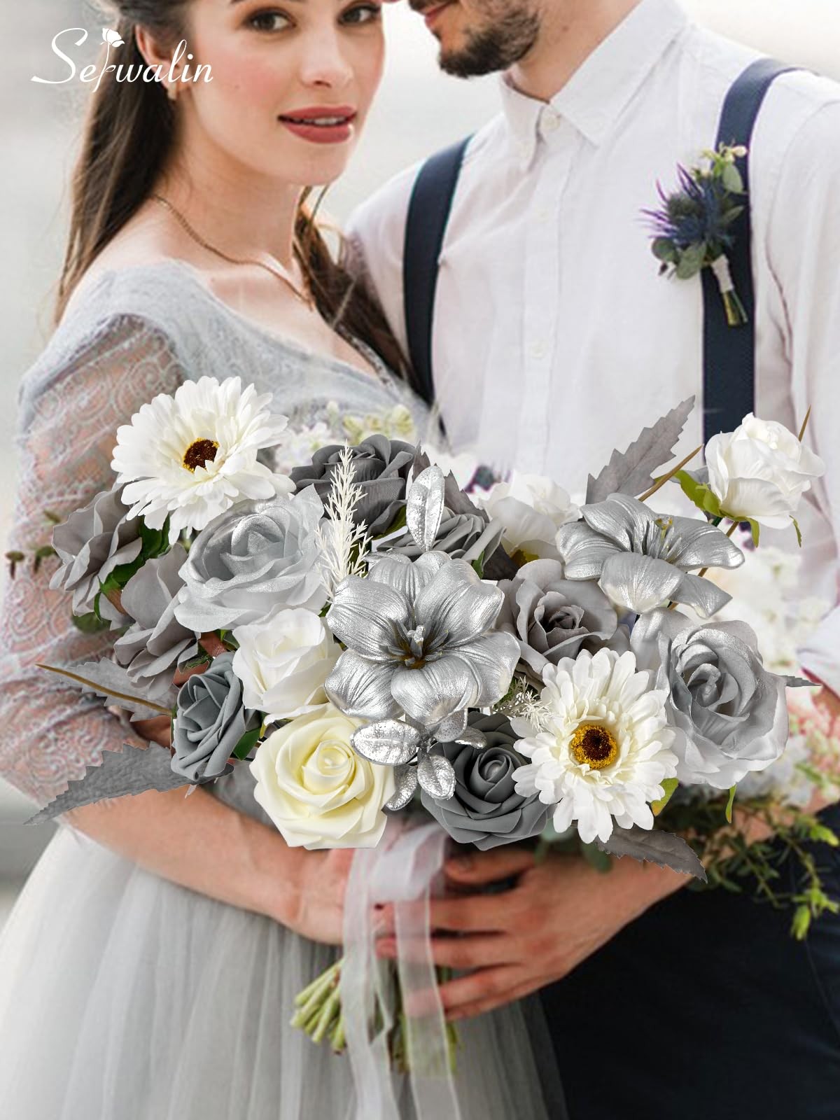 Artificial Flower Silver Grey Roses White Fake Cake Box Set Wedding Decor