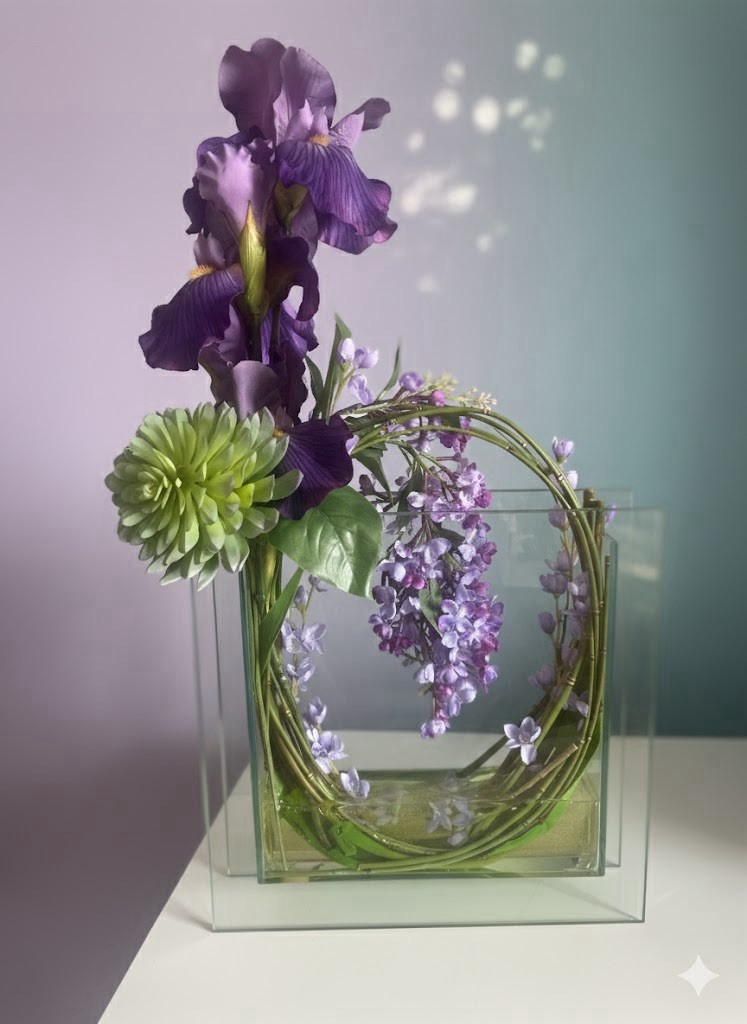 Artificial Iris, Dahlia & Wisteria Arrangement in Clear Glass Vase, Purple Green