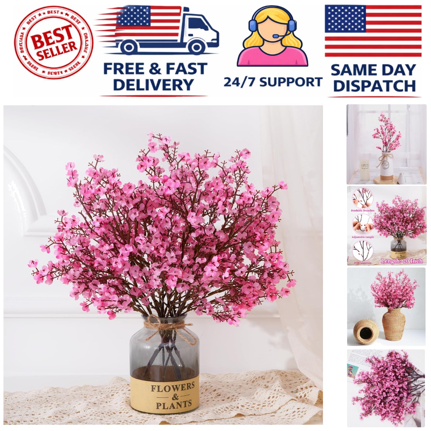 Luxury Real Touch Silk Flowers Set – 5 Pink Babys Breath for Spring Arrangements