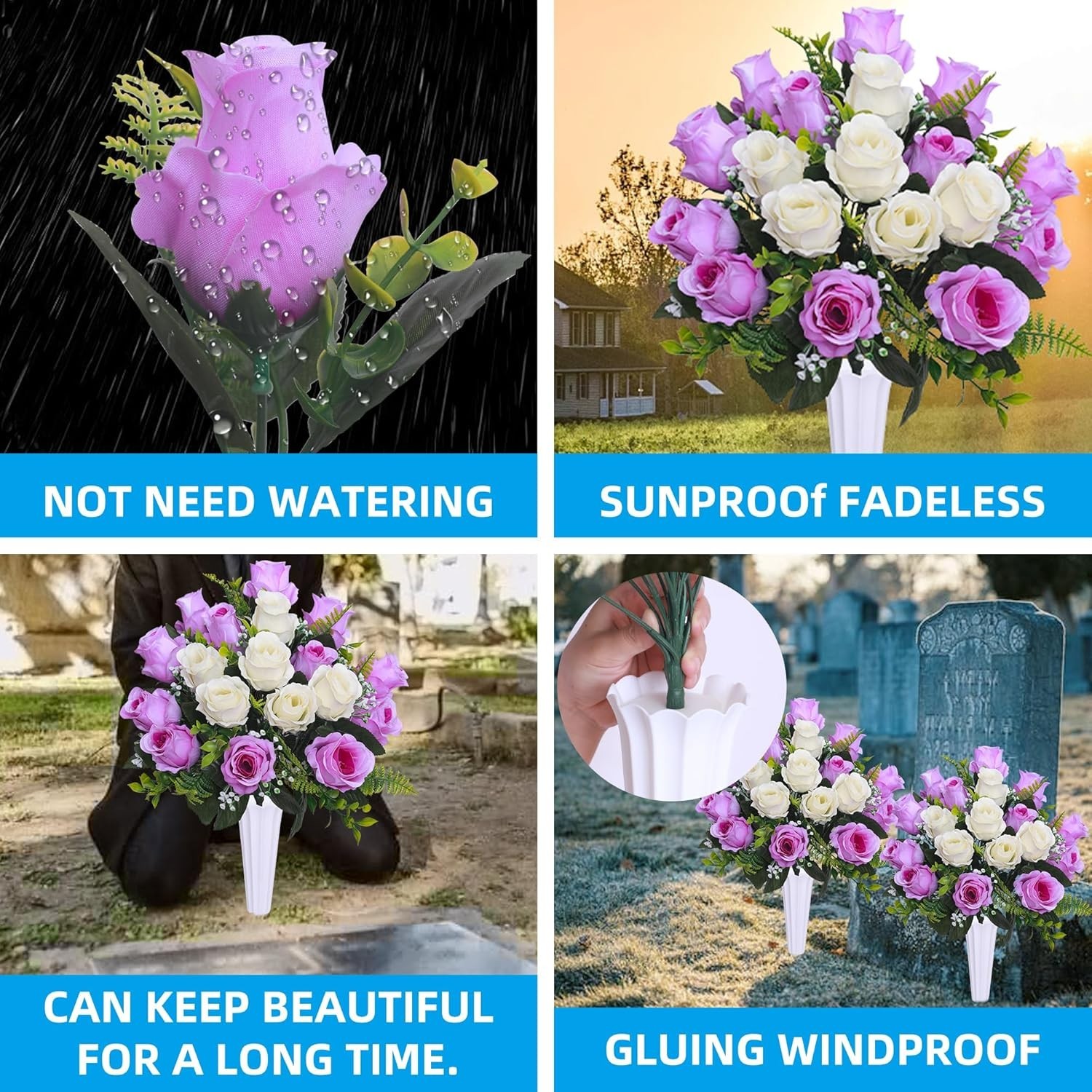 Set of 2 Artificial Cemetery Flowers with Vase,Grave Memorial Flowers,Artificial